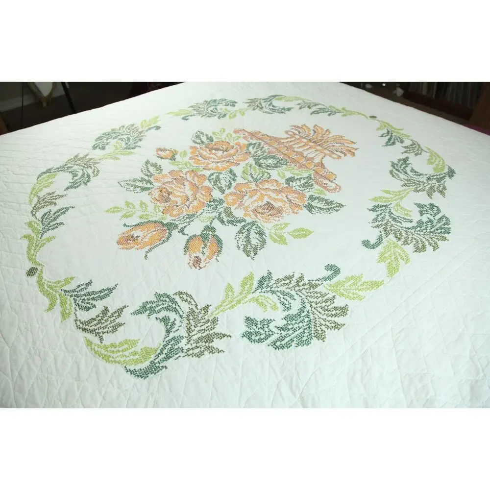 Vintage Needlepoint Bedspread Floral Cottagecore Granny Full 86